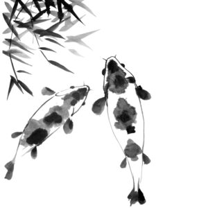 Koi with bamboo No6 - Japán szerencsehozó díszponty bambusszal sumi-e